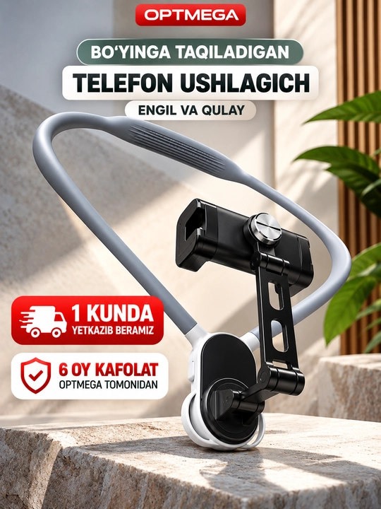 Bo‘yinga taqiladigan telefon ushlagich, 360° aylanuvchi shtativ, vlog va video olish uchun - 