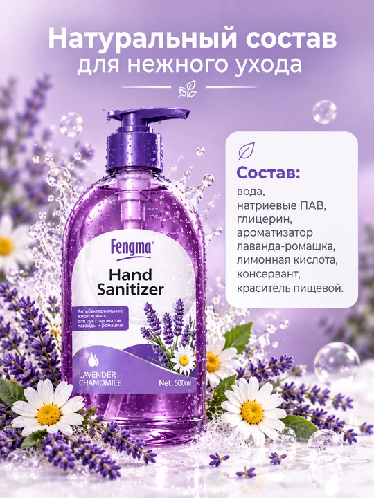Fengma Hand Sanitizer Lavender suyuq antibakterial qo‘l sovuni, 500 ml