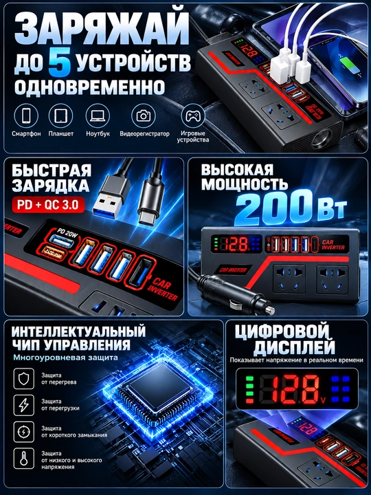 Avtomobil invertori 12/24 V - 220 V, 200 W, USB va PD/QC 3.0 tezkor quvvatlash bilan