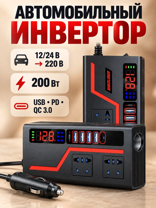 Avtomobil invertori 12/24 V - 220 V, 200 W, USB va PD/QC 3.0 tezkor quvvatlash bilan - 