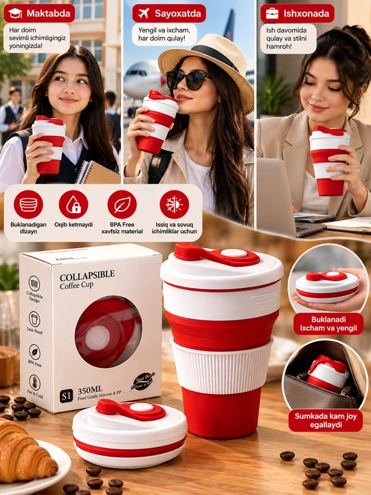 Yig‘iladigan sayohat stakani 350 ml — BPA-siz silikondan tayyorlangan sayohat krujkasi