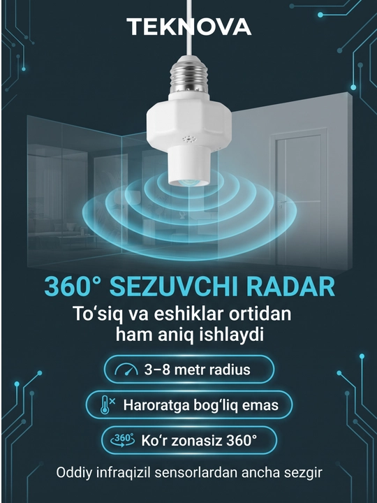 Датчик движения E27 Teknova 360° с таймером - умное автоматическое освещение