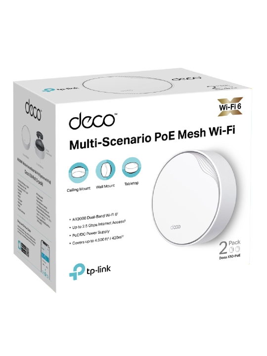 TP-Link Deco X50-PoE (2 talalik to‘plam) – Mesh Wi-Fi 6 tizimi AX3000, 2×2,5 Gbit/s, PoE