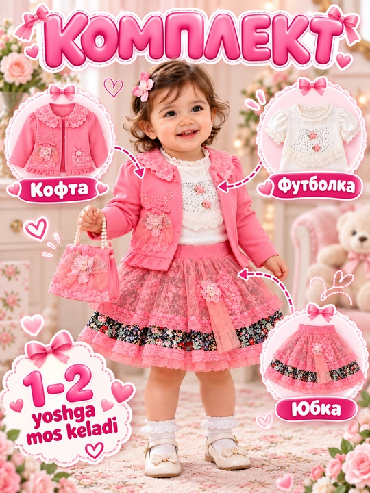 Комплект для девочки, жакет, кофточка и юбка, 1–2 года - 