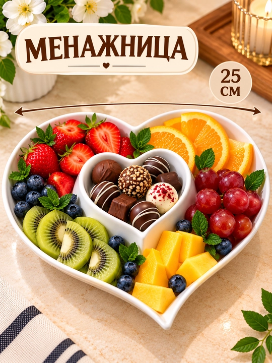 Менажница керамическая c соусником сервировочная тарелка для закусок фруктов орехов - 