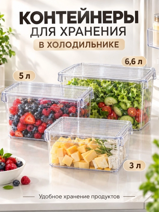 Набор контейнеров для хранения продуктов в холодильнике, 3 л, 5 л и 6,6 л
