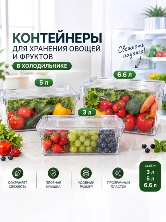 Набор контейнеров для хранения продуктов в холодильнике, 3 л, 5 л и 6,6 л