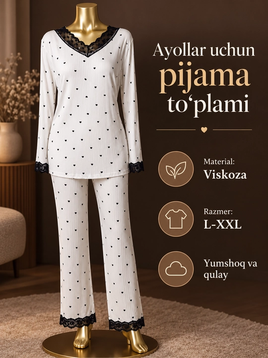 Ayollar pijamasi, uyqu va uy uchun viskoza pijama to‘plami, uzun yengli, L-XXL - 