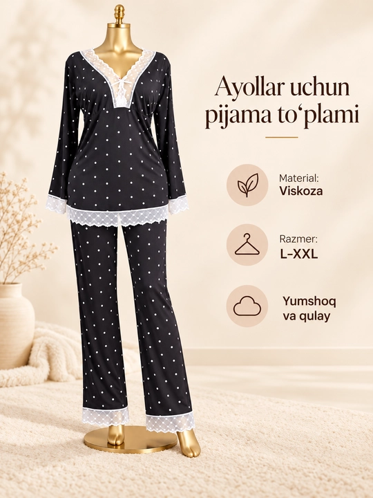 Ayollar pijamasi, uyqu va uy uchun viskoza pijama to‘plami, uzun yengli, L-XXL - 