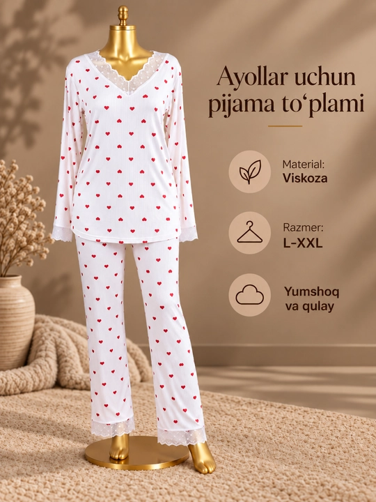 Ayollar pijamasi, uyqu va uy uchun viskoza pijama to‘plami, uzun yengli, L-XXL - 