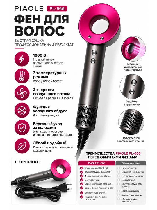 Фен для волос PIAOLE PL-666 — 1600 Вт