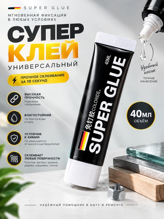 Супер клей универсальный, мгновенная фиксация, прочный, водостойкий, 40 мл - 