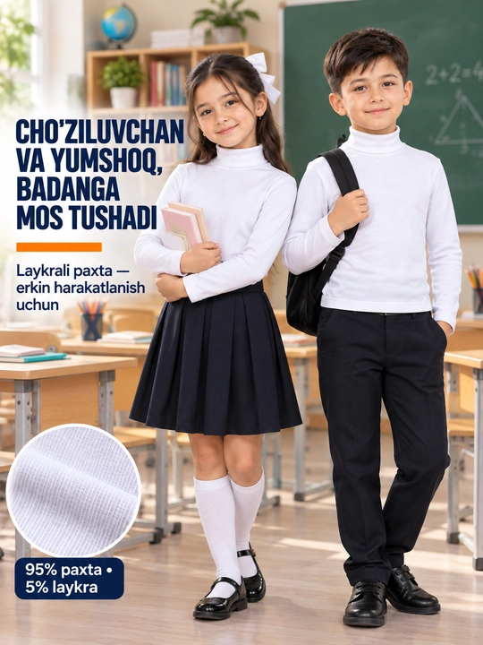 Bolalar  oq rangli vodolazka, 100% paxta, maktab uchun, uzun yengli, o‘g‘il bolalar kiyimi