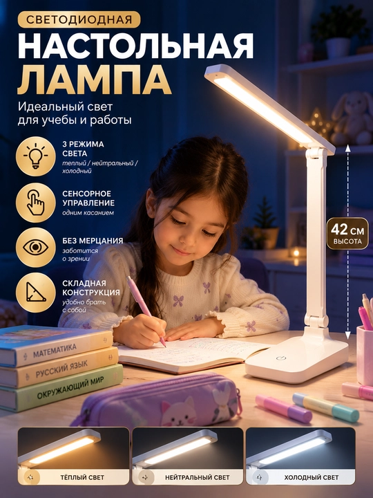 Настольная светодиодная LED-лампа складная, светильник, с регулировкой угла наклона - 