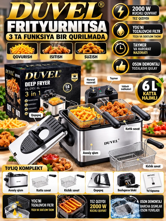 DUVEL 3 in 1 Friturnitsa 2000 Vt 6 L Katta Hajmli Yog‘da Qovurish Qurilmasi