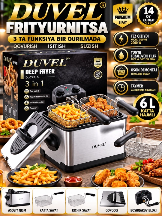 DUVEL 3 in 1 Friturnitsa 2000 Vt 6 L Katta Hajmli Yog‘da Qovurish Qurilmasi - 