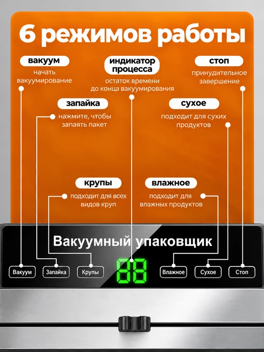 Вакууматор, вакуумный упаковщик для продуктов, 67 кПа, резак, 30 пакетов