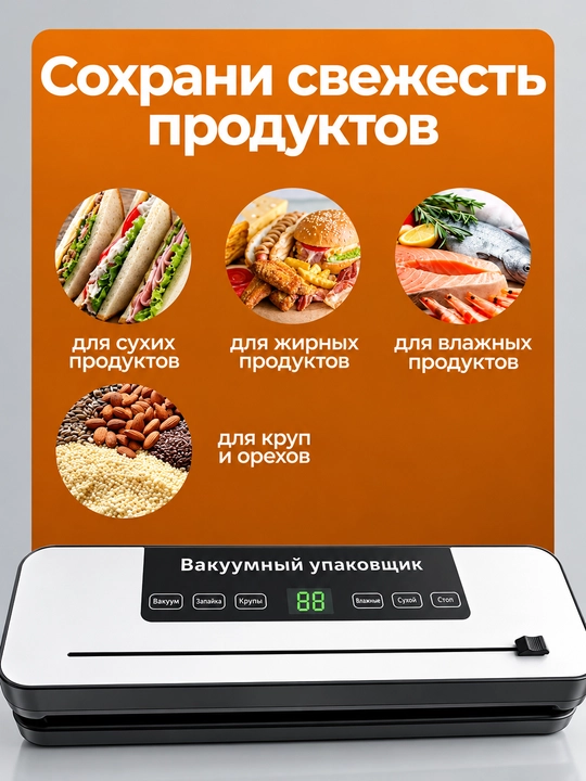 Вакууматор, вакуумный упаковщик для продуктов, 67 кПа, резак, 30 пакетов