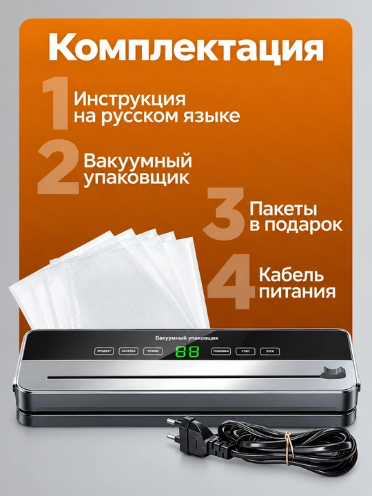 Вакууматор, вакуумный упаковщик для продуктов, 67 кПа, резак, 30 пакетов
