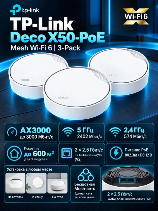 TP-Link Deco X50-PoE (3-Pack) — Mesh Wi-Fi 6 система AX3000, 2×2.5 Гбит/с, PoE - 
