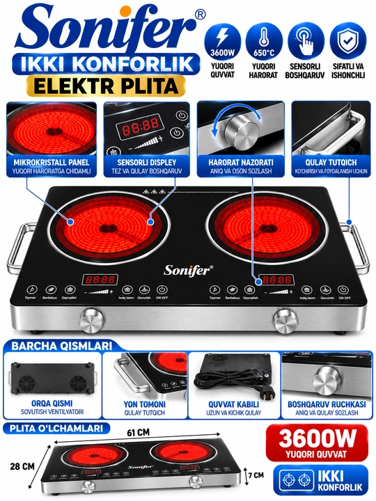 Sonifer SF 3051 Ikki Konforkali Elektr Plita 3600 Vt Sensorli Boshqaruv 650°C