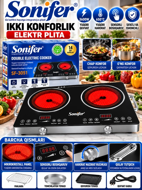 Sonifer SF 3051 Ikki Konforkali Elektr Plita 3600 Vt Sensorli Boshqaruv 650°C - 