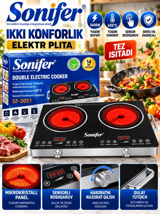 Sonifer SF 3051 Ikki Konforkali Elektr Plita 3600 Vt Sensorli Boshqaruv 650°C
