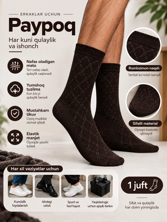 Erkaklar paypog‘i, klassik paypoq, erkaklar uchun paypoq