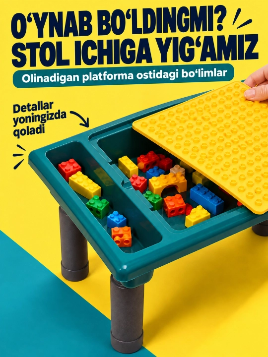 Kublar va saqlash bo‘limlari bor bolalar konstruktor o‘yin stoli