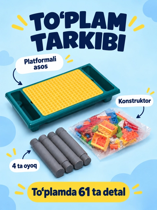 Kublar va saqlash bo‘limlari bor bolalar konstruktor o‘yin stoli