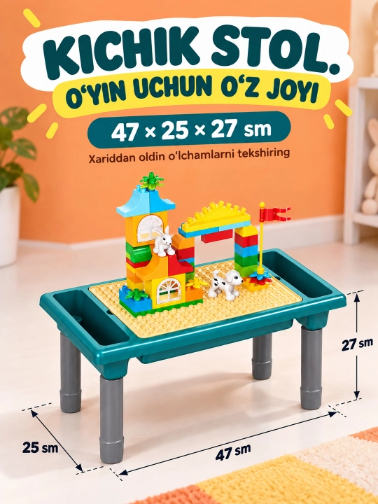 Kublar va saqlash bo‘limlari bor bolalar konstruktor o‘yin stoli