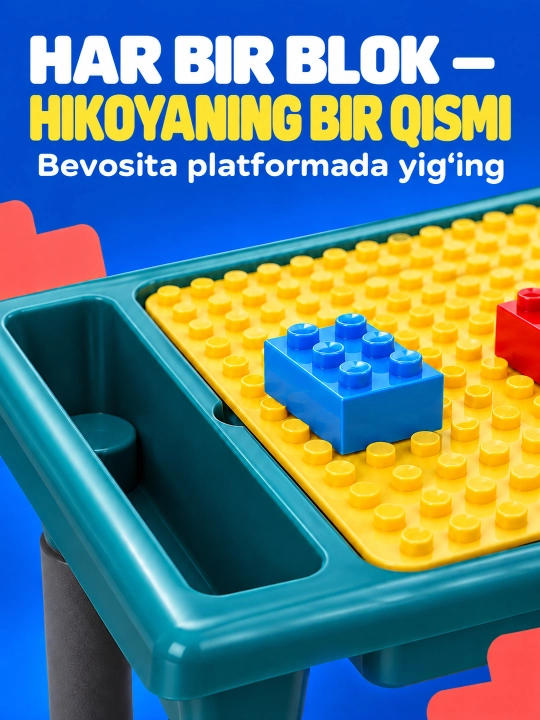 Kublar va saqlash bo‘limlari bor bolalar konstruktor o‘yin stoli