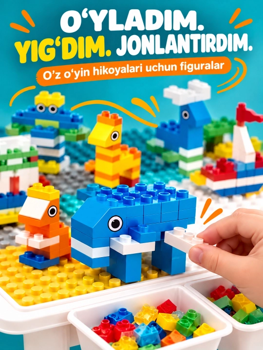 Kublar va saqlash bo‘limlari bor bolalar konstruktor o‘yin stoli