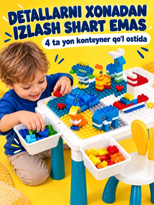 Kublar va saqlash bo‘limlari bor bolalar konstruktor o‘yin stoli