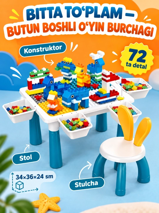 Kublar va saqlash bo‘limlari bor bolalar konstruktor o‘yin stoli