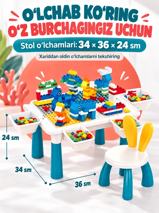 Kublar va saqlash bo‘limlari bor bolalar konstruktor o‘yin stoli