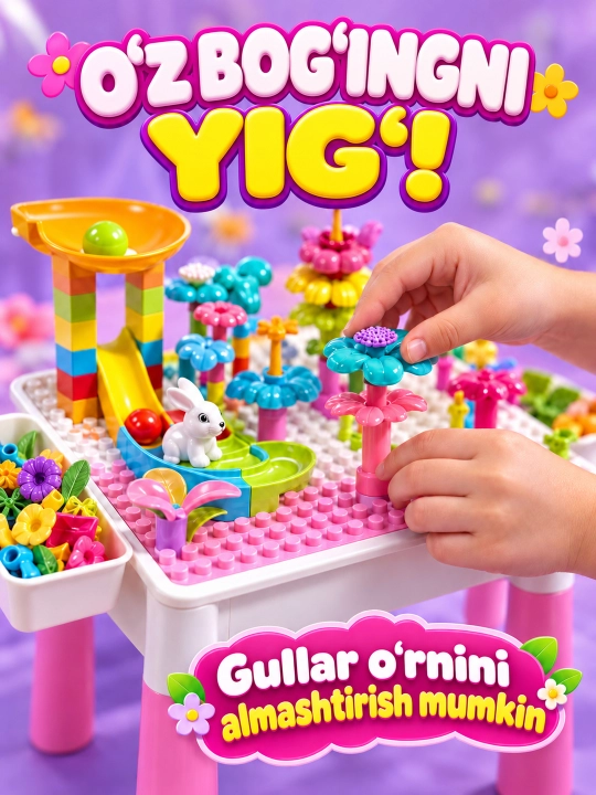 Kublar va saqlash bo‘limlari bor bolalar konstruktor o‘yin stoli