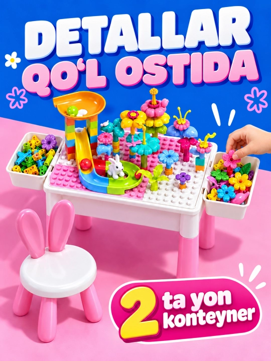 Kublar va saqlash bo‘limlari bor bolalar konstruktor o‘yin stoli