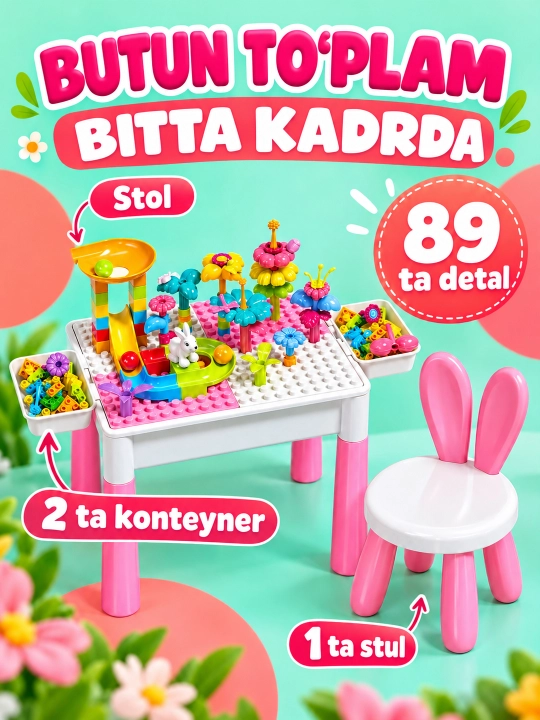 Kublar va saqlash bo‘limlari bor bolalar konstruktor o‘yin stoli