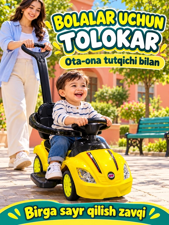 Ota-ona tutqichi, ruli va suyanchig‘i bor bolalar tolokar mashinasi - 