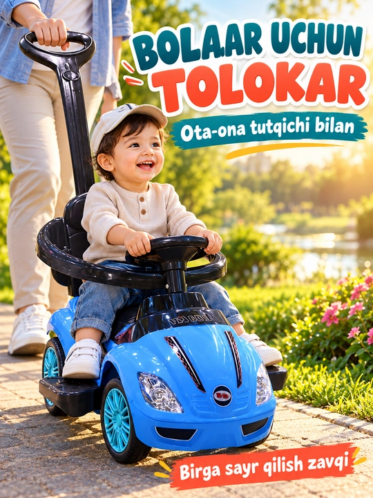 Ota-ona tutqichi, ruli va suyanchig‘i bor bolalar tolokar mashinasi - 