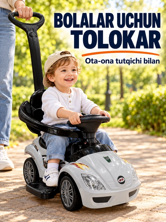 Ota-ona tutqichi, ruli va suyanchig‘i bor bolalar tolokar mashinasi - 