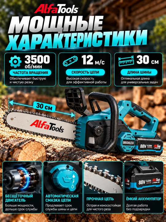 Аккумуляторная цепная пила AlfaTools, аккумуляторная пила