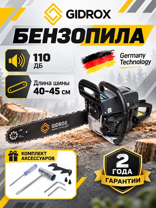 Бензопила GIDROX, шина 40–45 см, 110 дБ, комплект аксессуаров - 