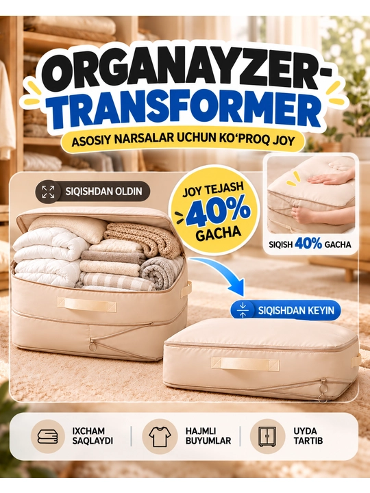 Narsalarni saqlash uchun organayzer, ko‘rpachalar uchun yig‘ma kofr - 