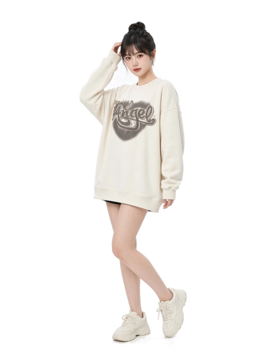 Angel bosma naqshli, sut rangli, ayollar uchun issiq oversized svitshot
