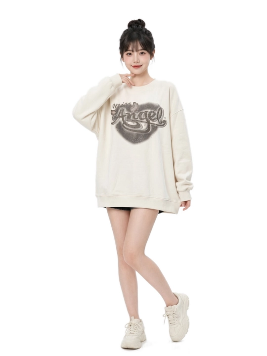 Angel bosma naqshli, sut rangli, ayollar uchun issiq oversized svitshot