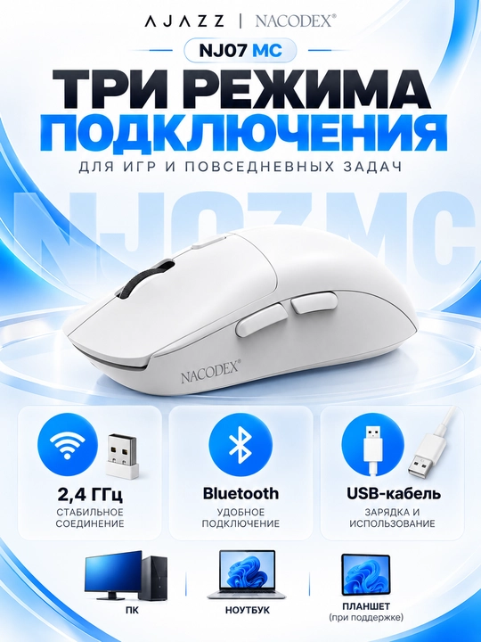 AJAZZ NACODEX NJ07 MC — беспроводная игровая мышь, Bluetooth, 2,4 ГГц, USB, 24 000 DPI
