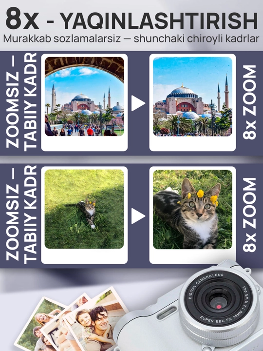 Raqamli fotoapparat AF 50 MP, 8X zum, 512 GB gacha xotira kartasini qo‘llab-quvvatlaydi