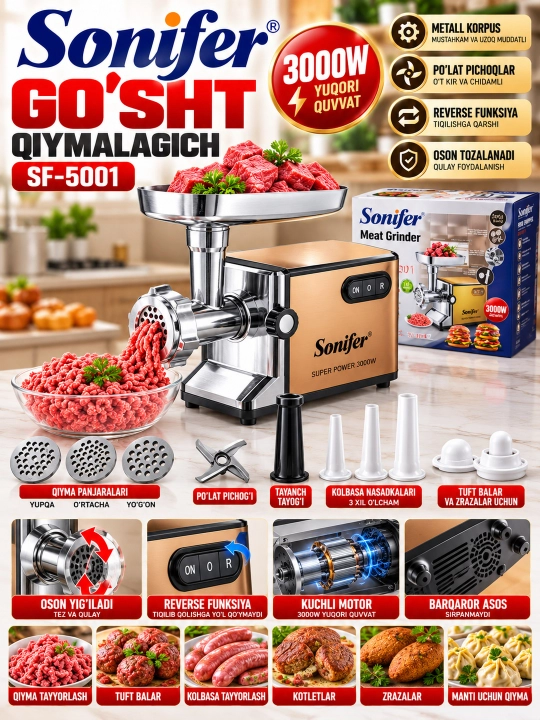 Sonifer SF 5001 Go‘sht Qiymalagich 3000W Kuchli Elektr Go‘sht Maydalagich - 